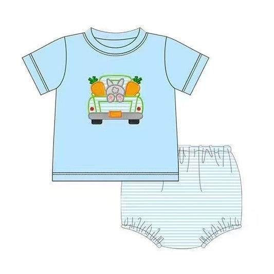 (Pre-order)GBO0201 Blue Bunny Truck Carrot Baby Boys Easter Bummie Set