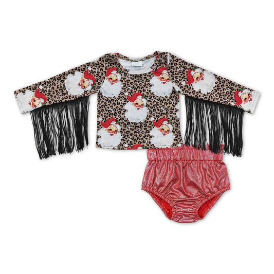 GBO0204 Leopard Santa Tassel Top Pink Disco Shorts Baby Girls Christmas Bummie Set