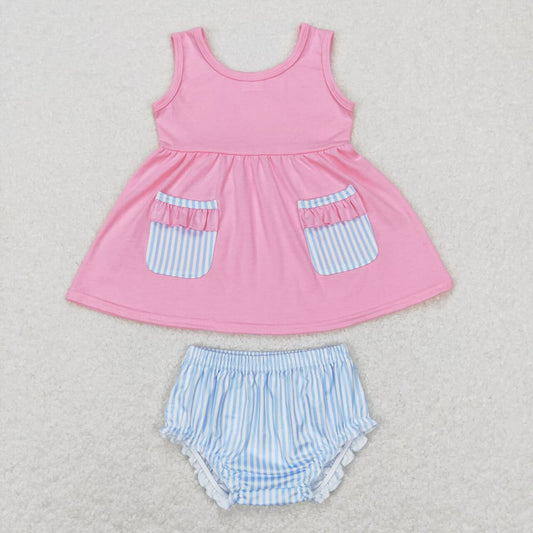 GBO0226 Pink Bow Top Blue Stripes Shorts Baby Girls Bummie Set