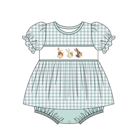 (Pre-order)GBO0229 Bunny Green Plaid Print Tunic Top Baby Girls Easter Bummie Set
