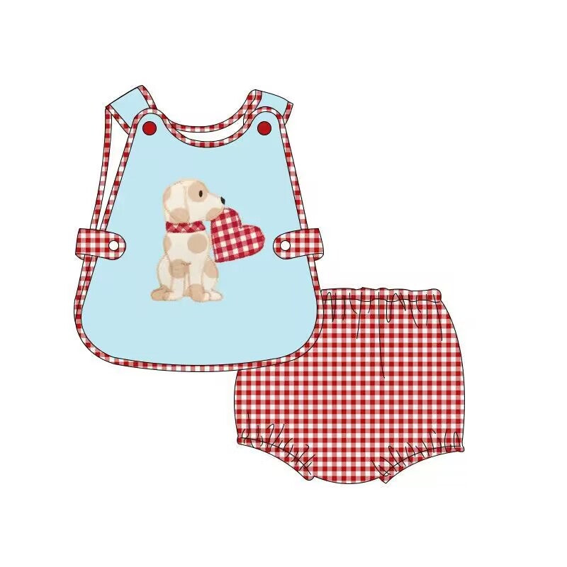 (Pre-order)GBO0231 Dog Heart Blue Top Red Plaid Shorts Baby Boys Valentine's Bummie Set