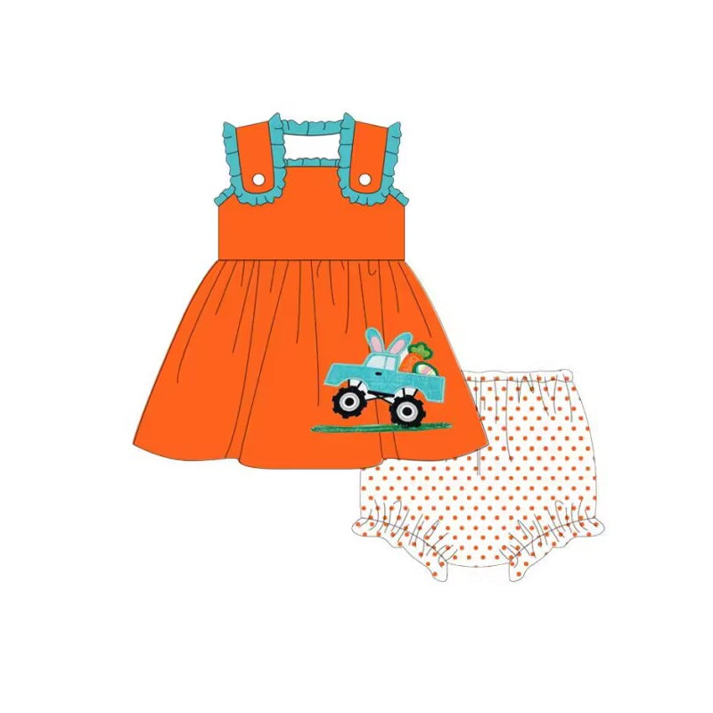 (Pre-order)GBO0232 Orange Truck Ear Print Baby Girls Easter Bummie Set