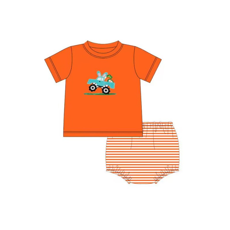 (Pre-order)GBO0233 Orange Truck Ear Print Baby Boys Easter Bummie Set