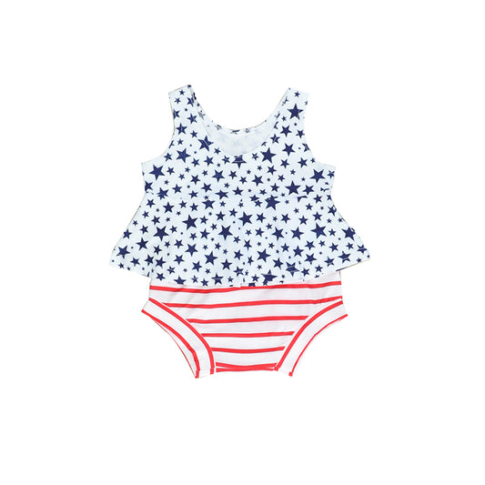 (Pre-order)GBO0235 Navy Star Top Red Stripes Shorts Baby Girls 4th of July Bummie Set