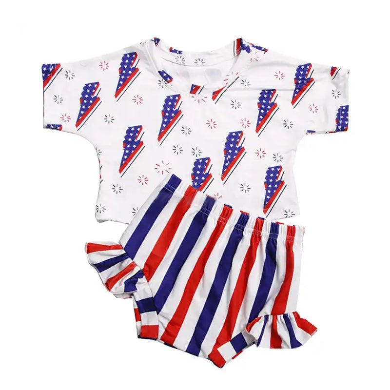 (Pre-order)GBO0238 Flash Star Stripes Print Baby Girls 4th of July Bummie Set