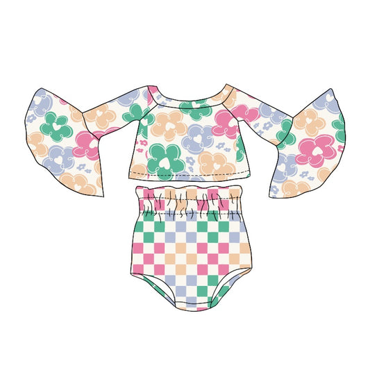 (Pre-order)GBO0240 Colorful Flowers Top Plaid Shorts Baby Girls 4th of July Bummie Set