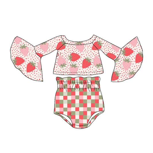 (Pre-order)GBO0246 Strawberry Long Sleeve Top Plaid Shorts Girls Summer Bummie Set