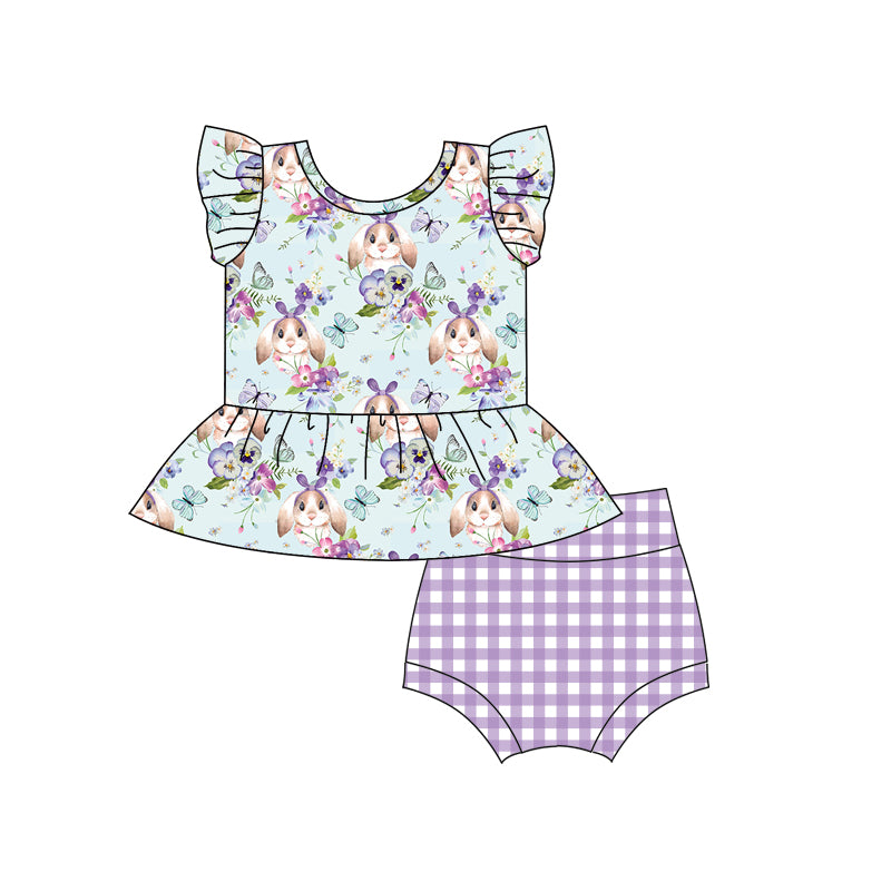 (Pre-order)GBO0256 Flowers Bunny Top Purple Plaid Shorts Baby Girls Easter Bummie Set