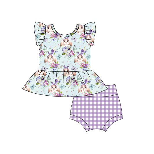 (Pre-order)GBO0256 Flowers Bunny Top Purple Plaid Shorts Baby Girls Easter Bummie Set