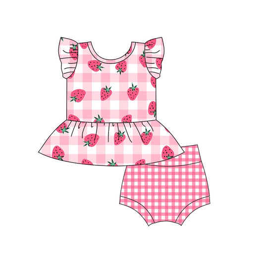 (Pre-order)GBO0264 Strawberry Pink Plaid Baby Girls Summer Bummie Set