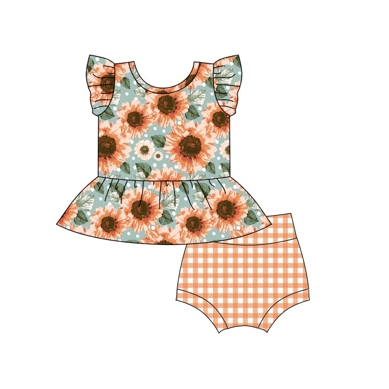 (Pre-order)GBO0269 Sunflowers Print Baby Girls Summer Bummie Set