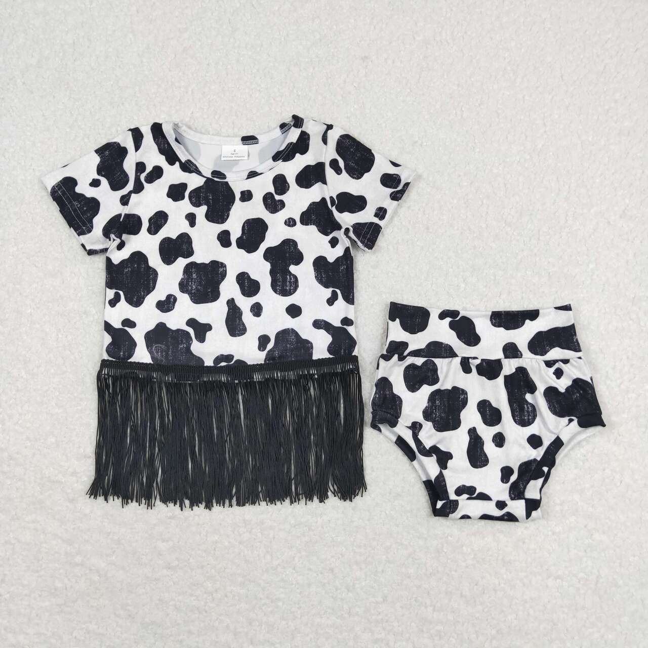 GBO0273 Black Cow Print Baby Girls Summer Tassels Bummie Set