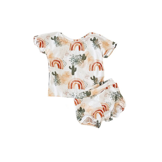 (Pre-order)GBO0275 Rainbow Cactus Print Baby Girls Summer Bummie Set