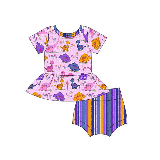 (Pre-order)GBO0279 Dino Flowers Print Baby Girls Summer Bummie Set