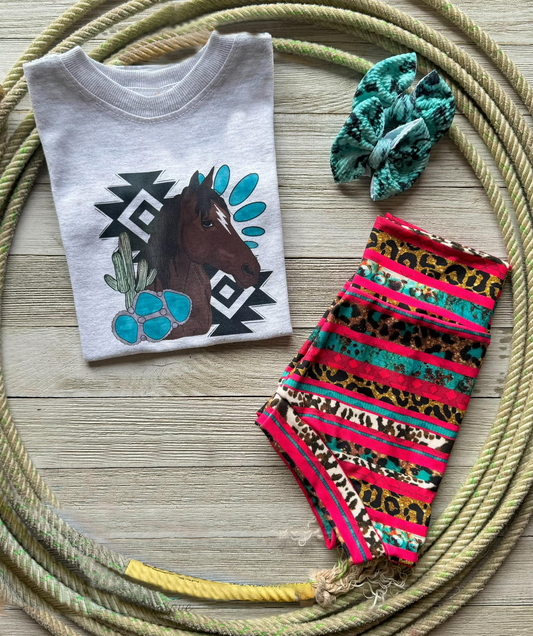 (Pre-order)GBO0303 Horse Aztec Print Baby Girls Summer Western Bummie Set