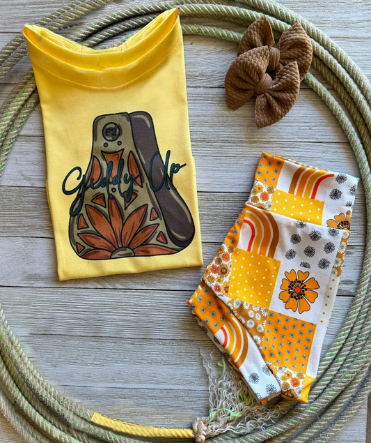 (Pre-order)GBO0305 Giddy Up Yellow Top Flowers Shorts Baby Girls Summer Western Bummie Set