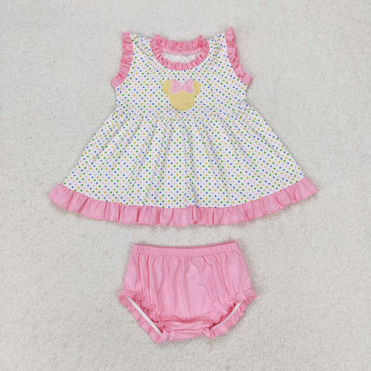 GBO0314 Cartoon Mouse Dots Print Top Pink Shorts Baby Girls Summer Bummie Set