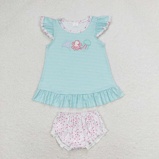 GBO0316 Fish Octopus Jellyfish Embroidery Stripes Print Baby Girls Summer Bummie Set