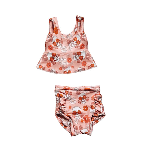 (Pre-order)GBO0321 Orange Flowers Print Baby Girls Summer Bummie Set