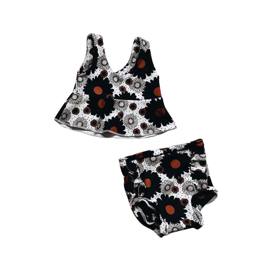 (Pre-order)GBO0324 Black Flowers Print Baby Girls Summer Bummie Set