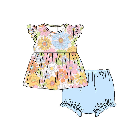 (Pre-order)GBO0326 Flowers Print Blue Shorts Baby Girls Summer Bummie Set