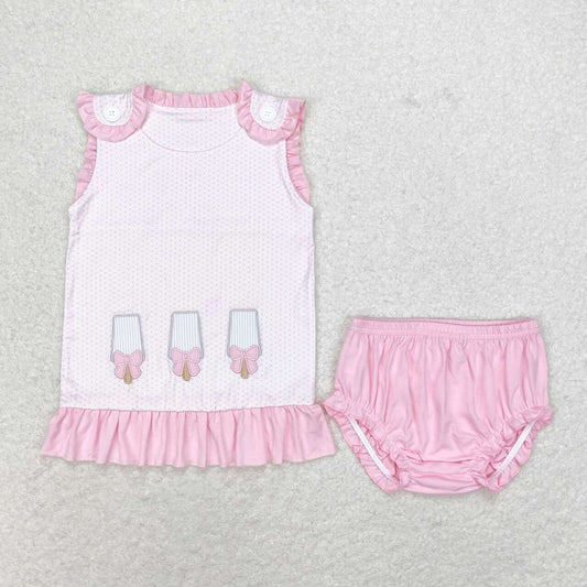 GBO0329 Popsicle Embroidery Button Top Pink Shorts Baby Girls Summer Bummie Set