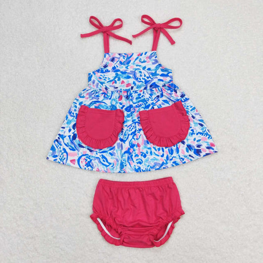 GBO0338 Blue Flowers Print Strap Top Baby Girls Summer Bummie Set