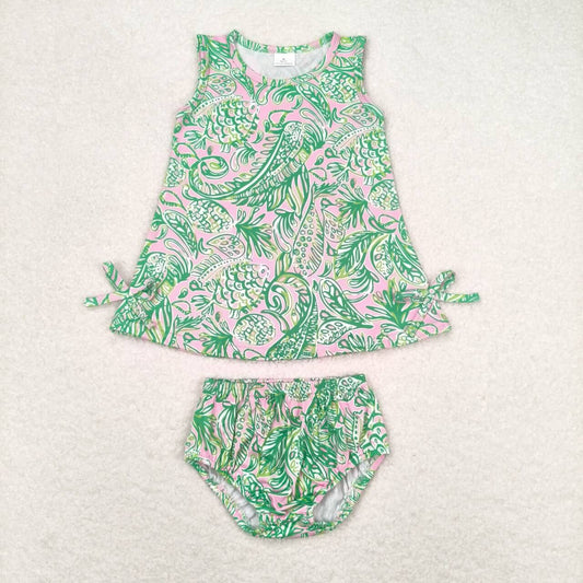 GBO0343 Green Water Seaweed Flowers Print Baby Girls Summer Bummie Set