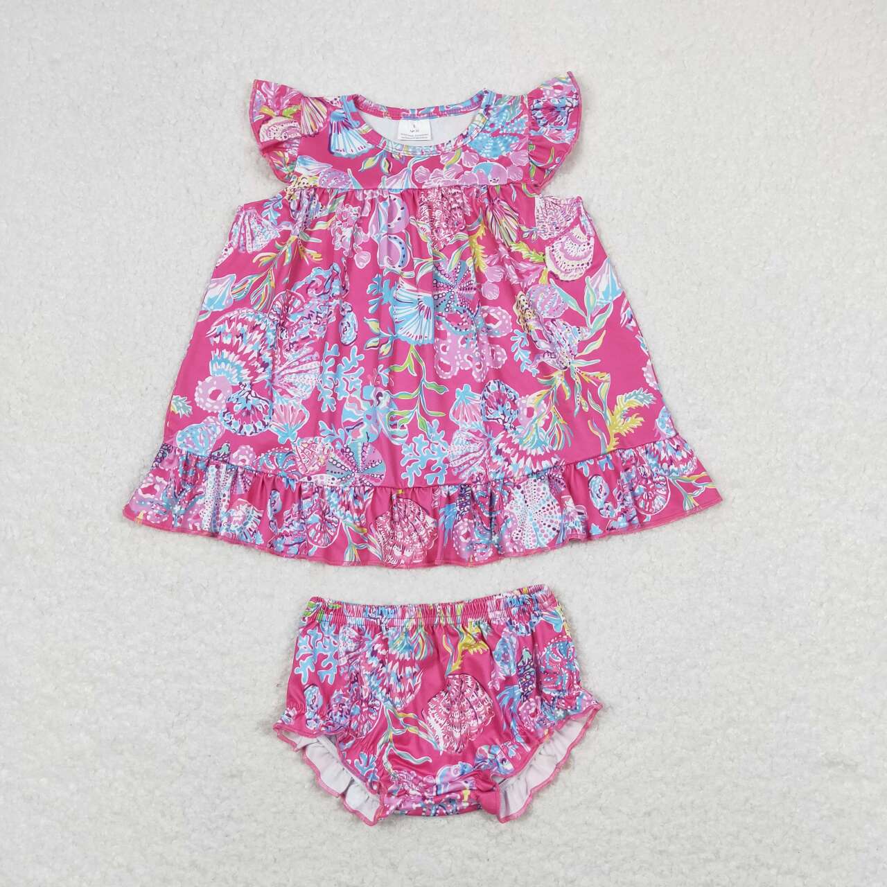 GBO0344 Hot Pink Seaweed Shell Print Baby Girls Summer Bummie Set