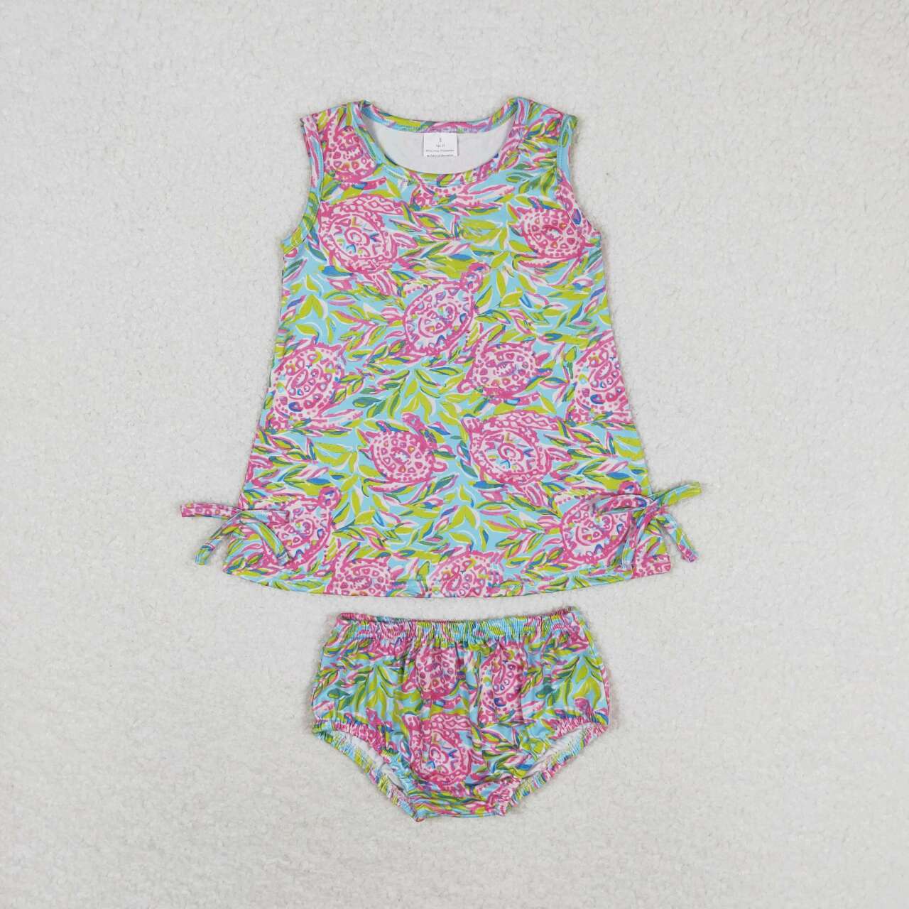 GBO0352 Pink Turtles Seaweed Print Baby Girls Summer Bummie Set