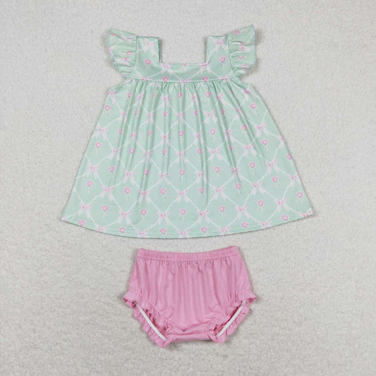 GBO0353 Green Flowers Top Pink Shorts Baby Girls Summer Bummie Set