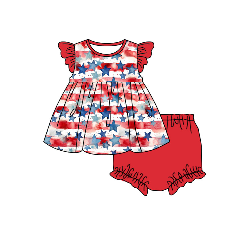 (Pre-order)GBO0361 Stars Top Red Shorts Baby Girls 4th of July Bummie Set