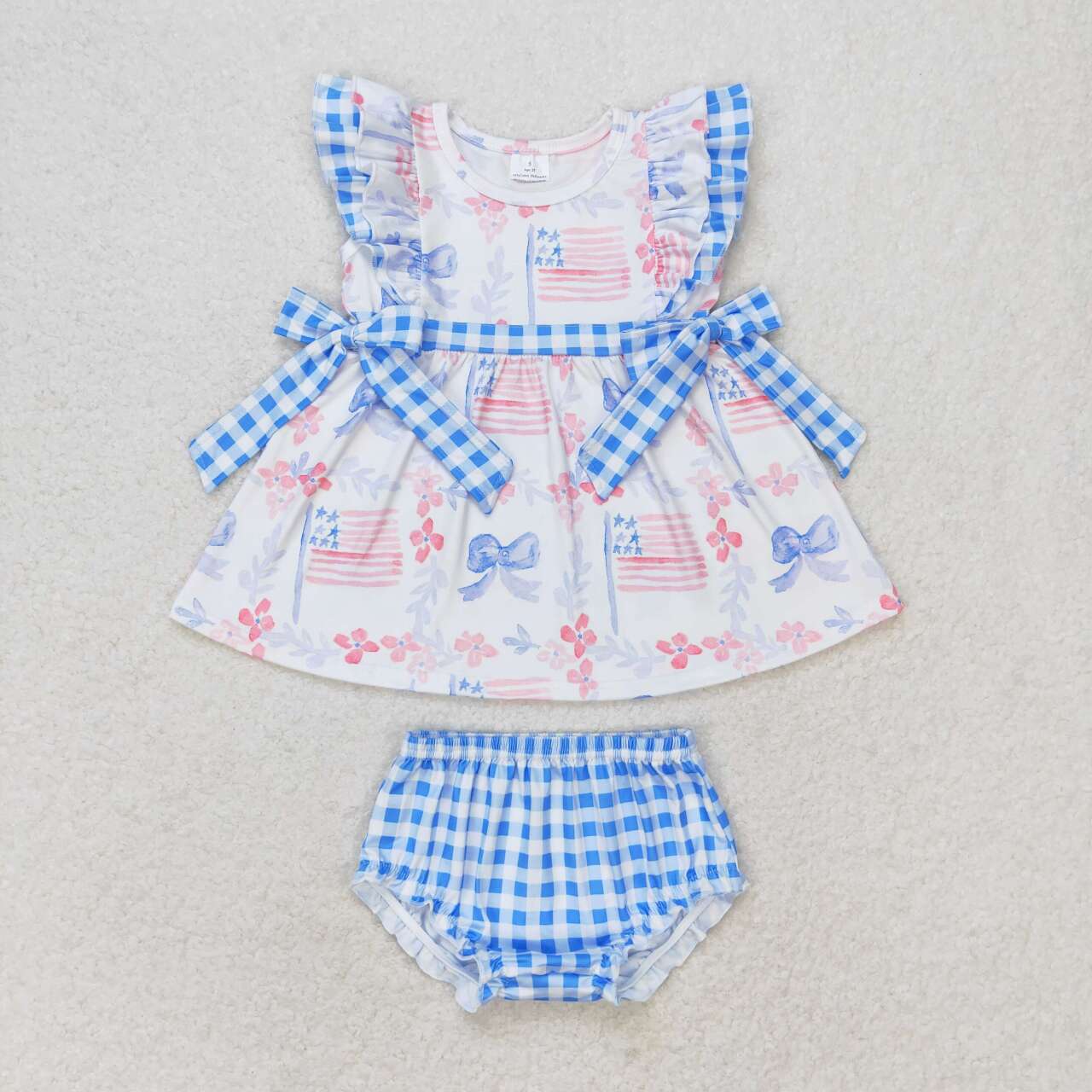 GBO0363 Blue Bows Flags Tunic Top Plaid Shorts Baby Girls 4th of July Bummie Set
