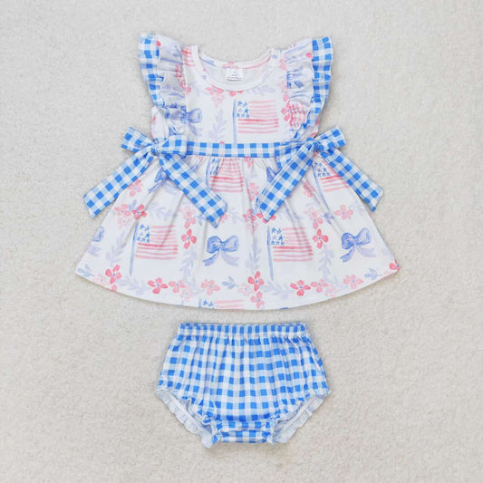 GBO0363 Blue Bows Flags Tunic Top Plaid Shorts Baby Girls 4th of July Bummie Set