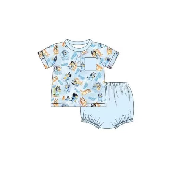 (Pre-order)GBO0379 Cartoon Dog Top Blue Shorts Baby Boys Summer Bummie Sets