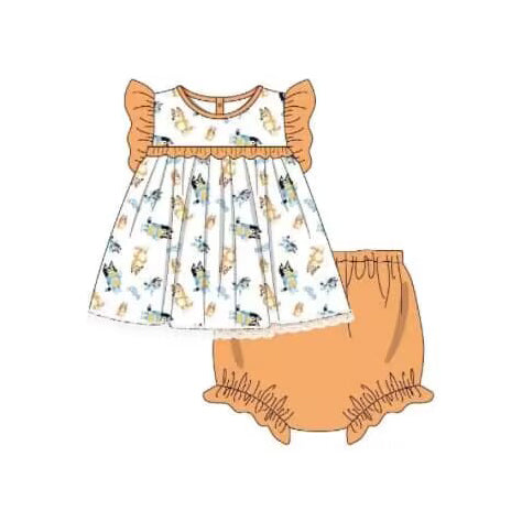 (Pre-order)GBO0380 Cartoon Dog Top Orange Shorts Baby Girls Summer Bummie Sets
