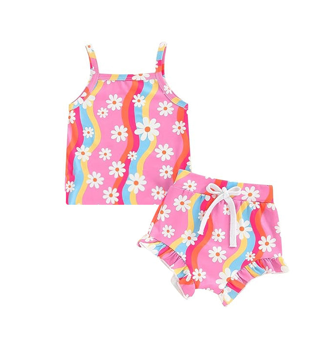 (Preorder)GBO0382 Pink Flowers Baby Girls Summer Bummie Sets baby skirts