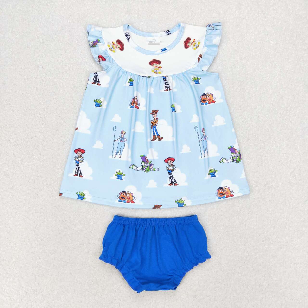 GBO0395 Cartoon Toys Top Blue Shorts Baby Girls Summer Bummie Sets