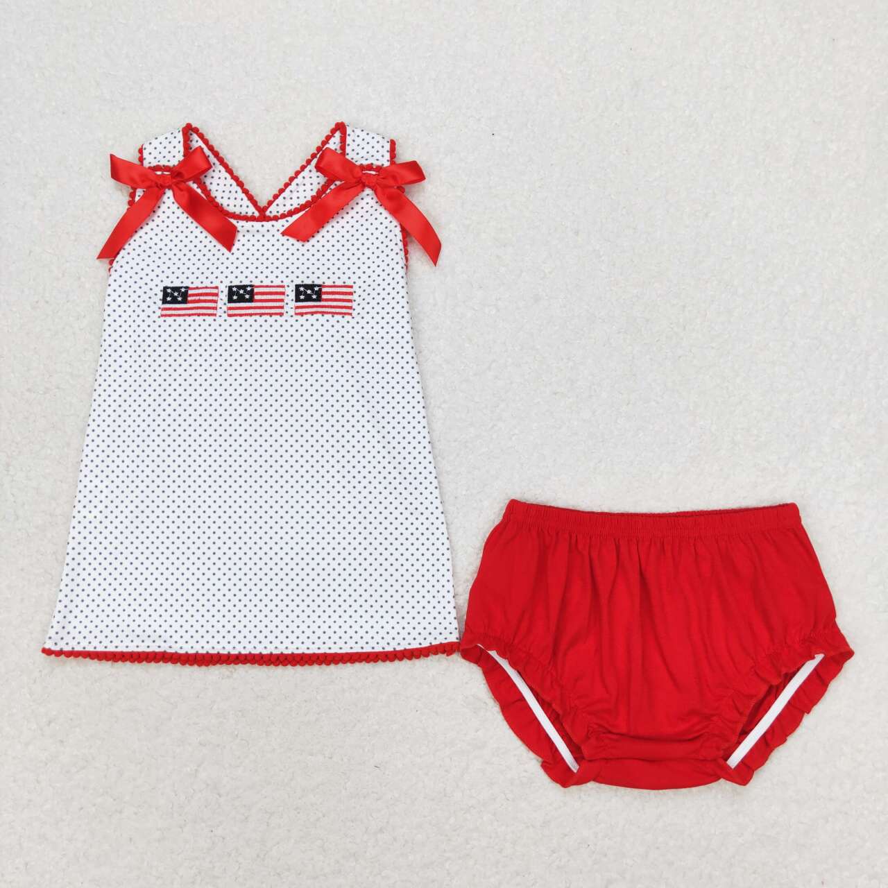 GBO0396 Flags Embroidery Top Red Shorts Baby Girls 4th of July Bummie Set