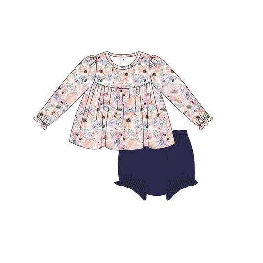 (Pre-order)GBO0398 Flowers Tunic Top Navy Shorts Baby Girls Fall Bummie Sets