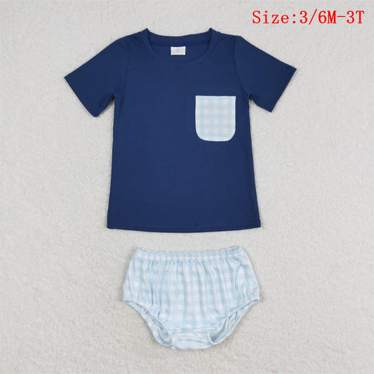 GBO0399 Blue Pocket Top Plaid Shorts Baby Boys Summer Bummie Set
