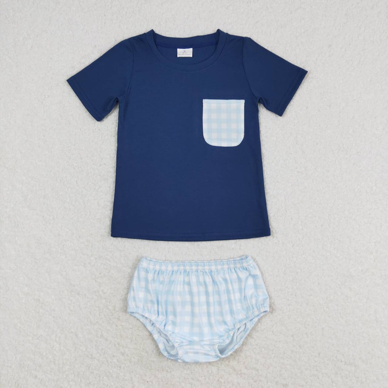 GBO0399 Blue Pocket Top Plaid Shorts Baby Boys Summer Bummie Set