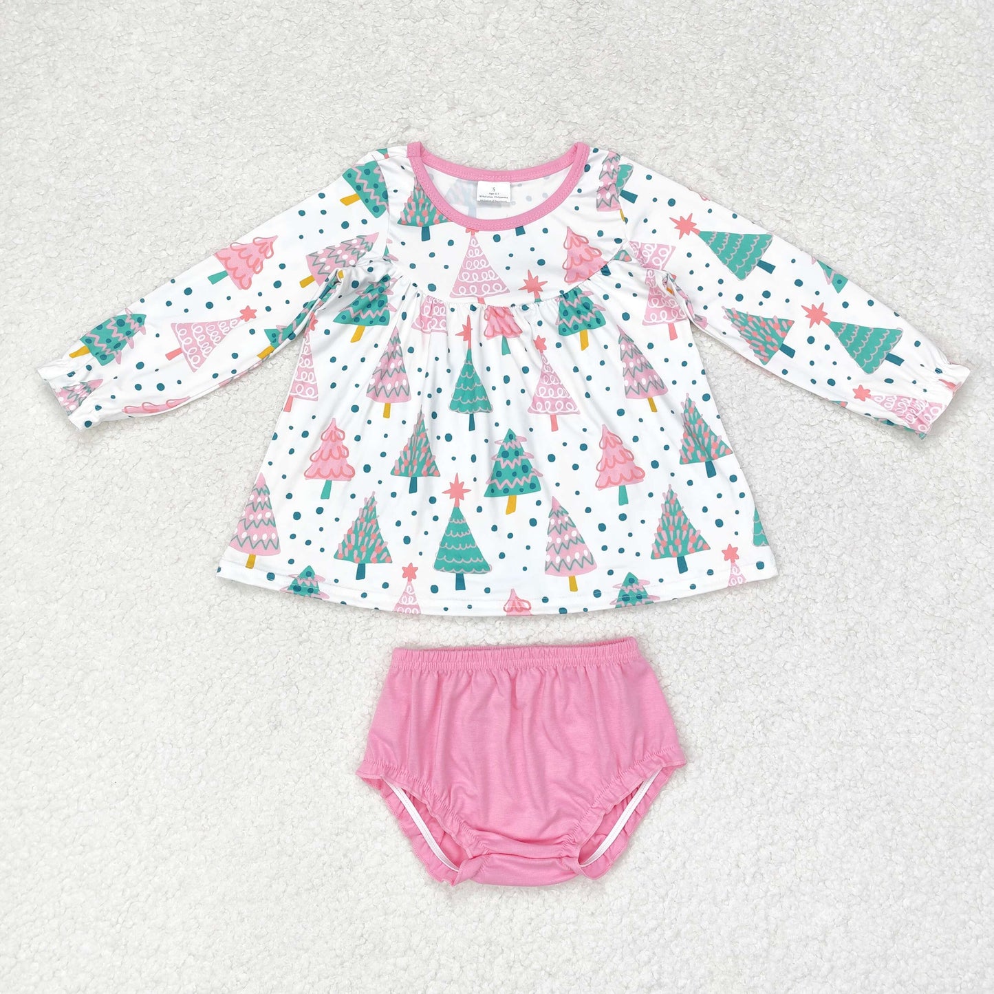 GBO0400 Christmas Tree Tunic Top Pink Shorts Baby Girls Bummie Sets