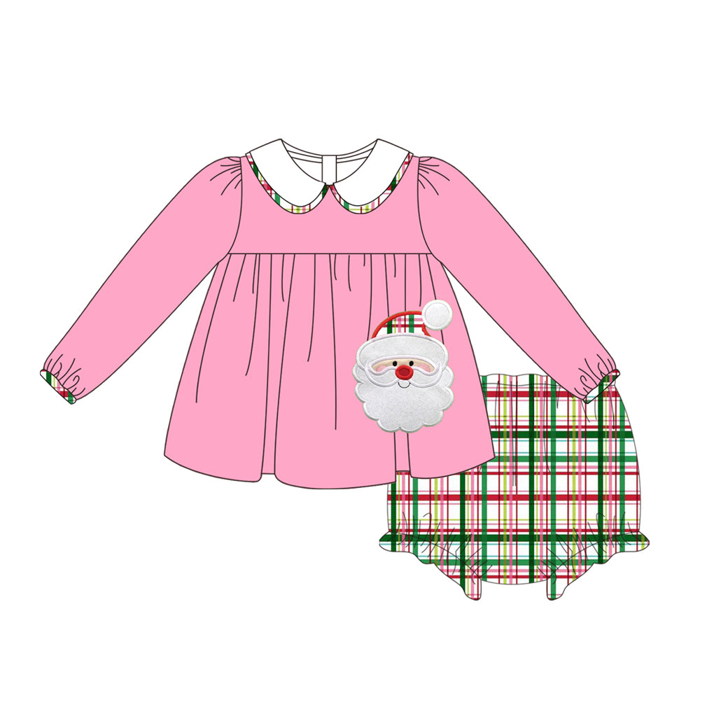 (Pre-order)GBO0405 Santa Pink Tunic Top Plaid Shorts Baby Girls Christmas Bummie Set