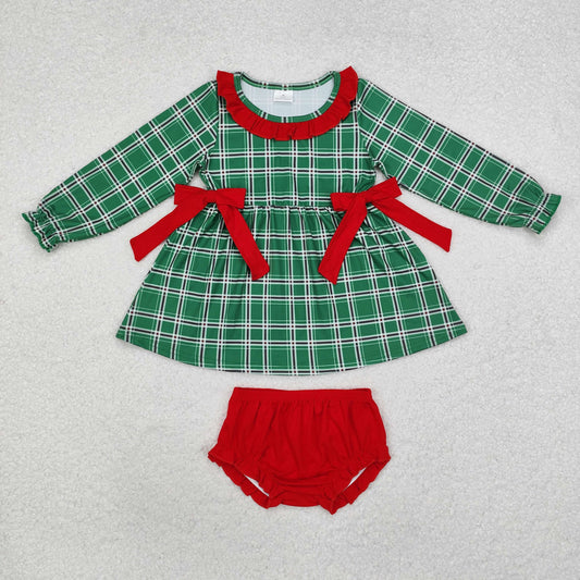 GBO0406 Green Plaid Tunic Top Red Shorts Baby Girls Christmas Bummie Set