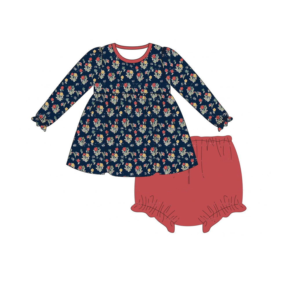 (Pre-order)GBO0407 Flowers Tunic Top Red Shorts Baby Girls Fall Bummie Set