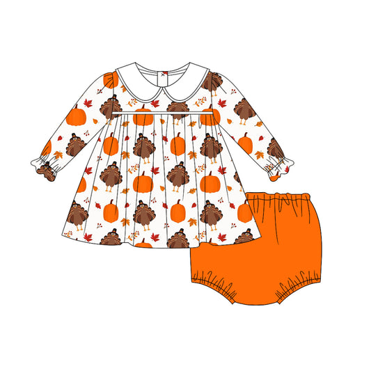 (Pre-order)GBO0409 Pumpkin Turkey Tunic Top Orange Shorts Baby Girls Thanksgiving Bummie Set