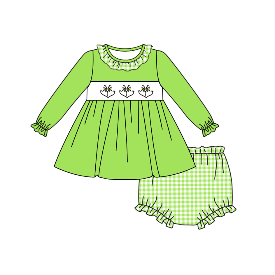 (Pre-order)GBO0413 Frog Face Green Tunic Top Plaid Shorts Baby Girls Christmas Bummie Set