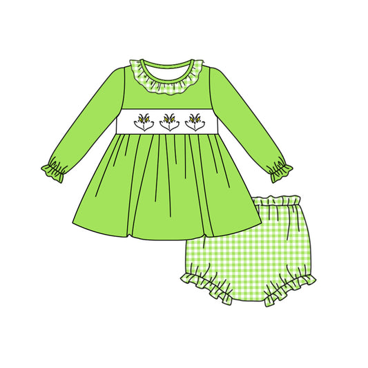 (Pre-order)GBO0413 Frog Face Green Tunic Top Plaid Shorts Baby Girls Christmas Bummie Set