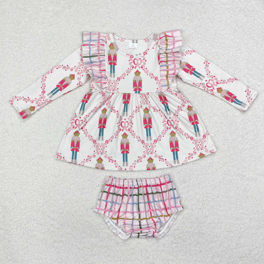 GBO0416 Nutcracker Soldier Tunic Top Plaid Shorts Baby Girls Christmas Bummie Set